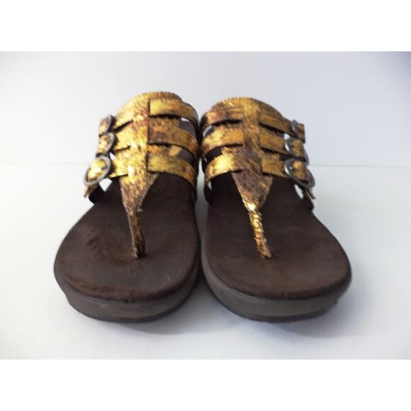 SKECHERS EUR 40 US 9M BRONZE SNAKE PRINT THONG PLATFORM WEDGE SLIDE SANDAL SHOE - Picture 3 of 7